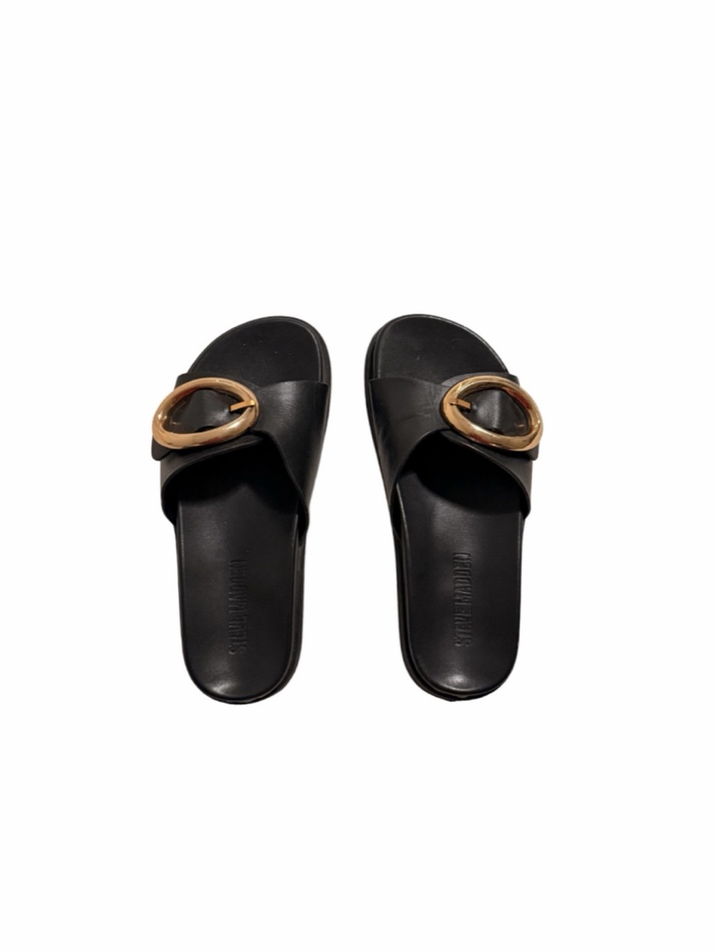Steve Madden Black Slide Sandals with Gold Ring Accent